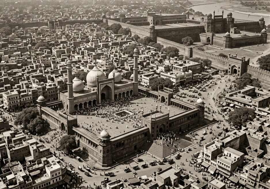 Old Delhi aerial view showing historic districts
